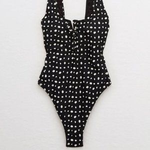Aerie One-Piece Henley Polka Dot Swimsuit Cheeky